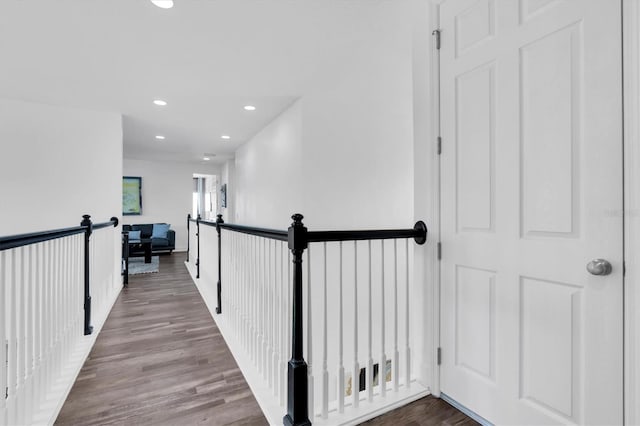 4188 Barbour Trl, Odessa, FL 33556 - hall with recessed lighting, wood finished floors, and an upstairs landing