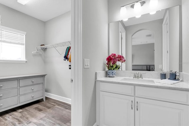 4188 Barbour Trl, Odessa, FL 33556 - bathroom with vanity, wood finished floors, a spacious closet, and baseboards