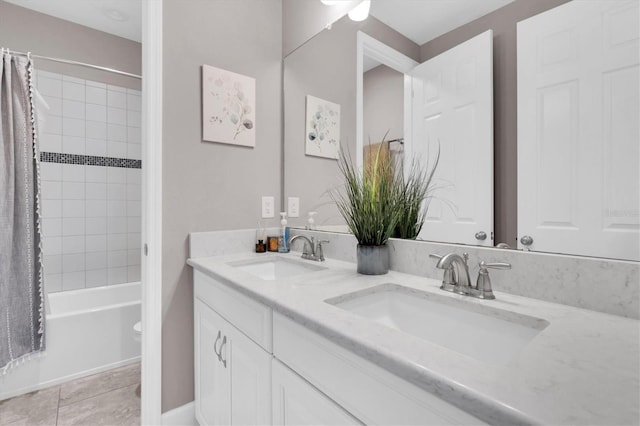 4188 Barbour Trl, Odessa, FL 33556 - bathroom featuring double vanity, tile patterned floors, and shower / bath combination with curtain