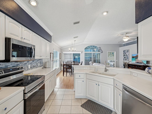 kitchen with appliances with stainless steel finishes, a sink, ornamental molding, lofted ceiling, and a textured ceiling