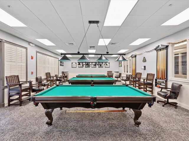 recreation room featuring carpet, pool table, and baseboards