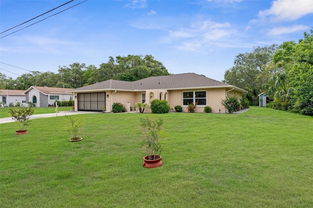ranch-style home featuring concrete driveway, a front lawn, stucco siding, and an attached garage