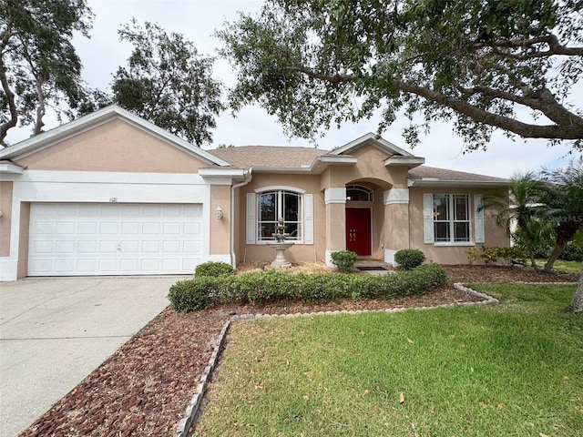 1121 Riveredge Dr, Tarpon Springs, FL 34689 - ranch-style home with stucco siding, concrete driveway, a garage, and a front yard