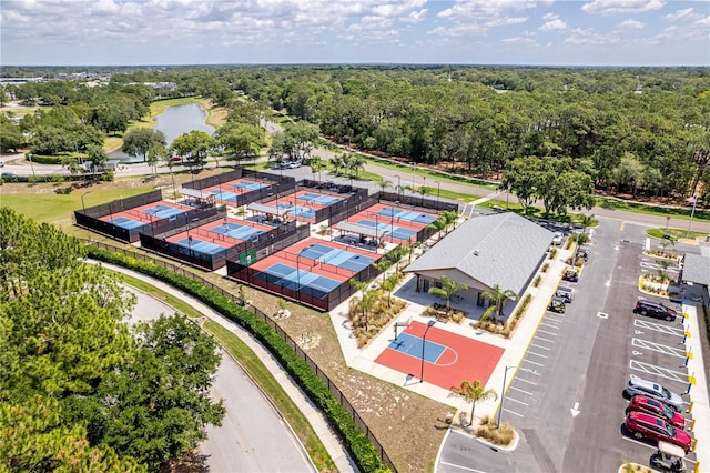 aerial view with a water view and a view of trees