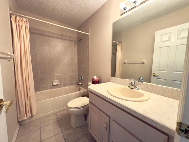 full bathroom with a textured ceiling, tile patterned flooring, toilet, shower / bathtub combination with curtain, and vanity
