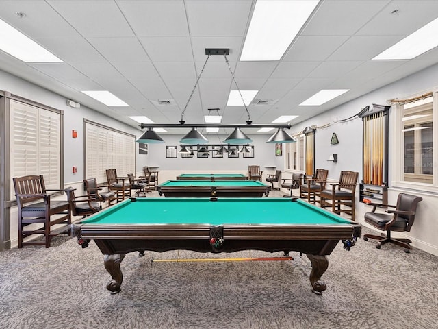 recreation room featuring carpet, pool table, and baseboards