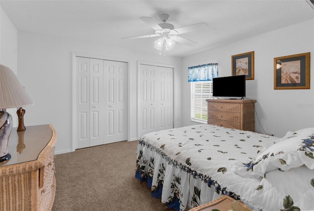 11443 Marsh Creek Ct, New Port Richey, FL 34654 - carpeted bedroom featuring two closets and a ceiling fan