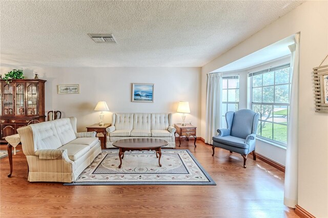 living area with wood finished floors, a textured ceiling, and baseboards
