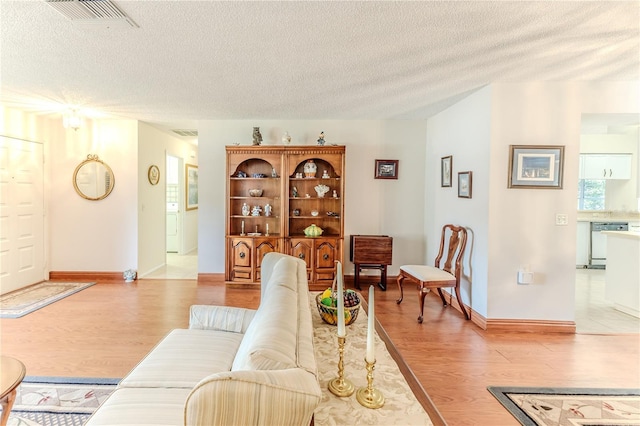 living area featuring wood finished floors, a textured ceiling, and baseboards