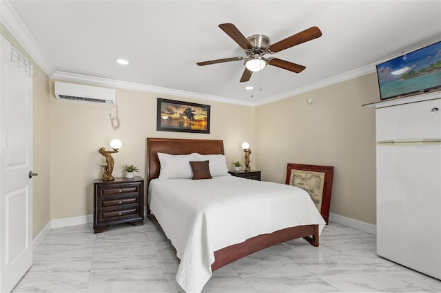 bedroom featuring light marble finish floors, white fridge, a wall mounted air conditioner, ornamental molding, and baseboards