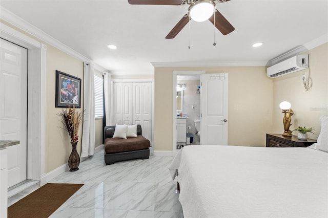 bedroom featuring a wall unit AC, crown molding, light marble finish floors, baseboards, and recessed lighting