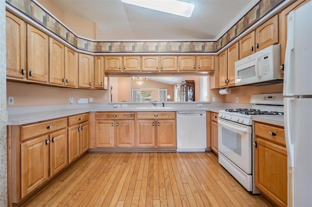 1053 Winding Willow Dr, Trinity, FL 34655 - kitchen featuring white appliances, light countertops, light wood-style floors, a sink, and lofted ceiling