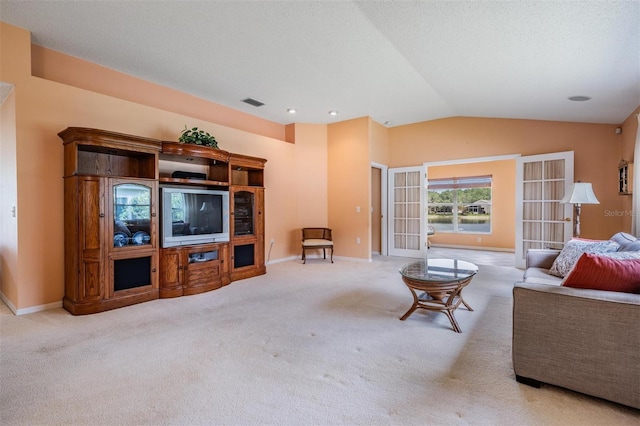 1053 Winding Willow Dr, Trinity, FL 34655 - living area with carpet, vaulted ceiling, and baseboards