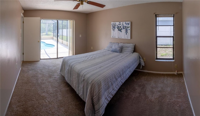 8126 Wooden Dr, Spring Hill, FL 34606 - carpeted bedroom with access to exterior, baseboards, and ceiling fan