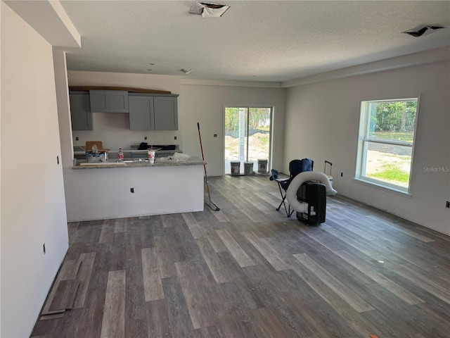 7583 St Andrews Blvd, Weeki Wachee, FL 34613 - kitchen featuring gray cabinets, dark wood finished floors, a textured ceiling, and open floor plan
