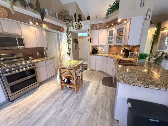 9311 Haas Dr, Hudson, FL 34669 - kitchen with appliances with stainless steel finishes, a sink, tasteful backsplash, high vaulted ceiling, and light stone counters