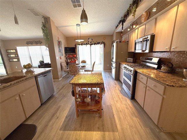9311 Haas Dr, Hudson, FL 34669 - kitchen featuring stainless steel appliances, light wood-type flooring, plenty of natural light, hanging light fixtures, and a textured ceiling