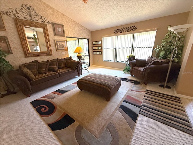 9311 Haas Dr, Hudson, FL 34669 - carpeted living room with lofted ceiling, baseboards, and a textured ceiling