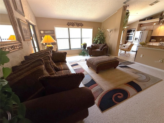 9311 Haas Dr, Hudson, FL 34669 - living area with carpet, lofted ceiling, a textured ceiling, and baseboards