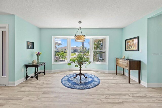 dining room with wood finished floors, baseboards, and a textured ceiling