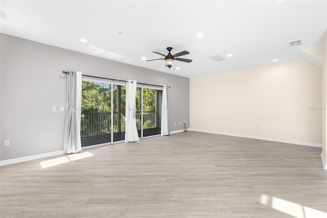 empty room featuring baseboards, recessed lighting, a ceiling fan, and light wood-type flooring