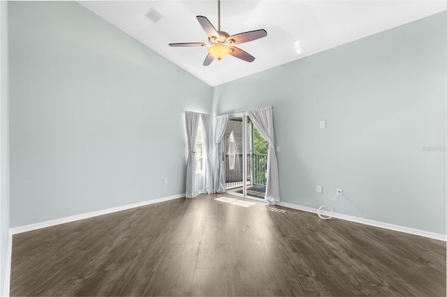 unfurnished room with a ceiling fan, baseboards, high vaulted ceiling, and dark wood-style flooring