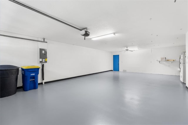 garage featuring electric panel, concrete block wall, a garage door opener, and a ceiling fan