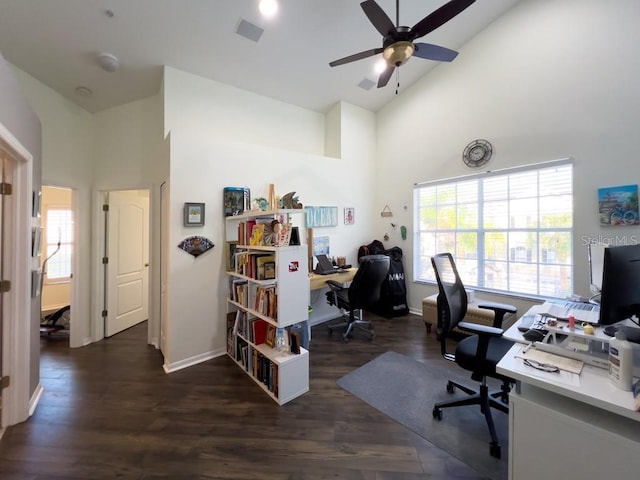 office area featuring high vaulted ceiling, a ceiling fan, wood finished floors, and baseboards