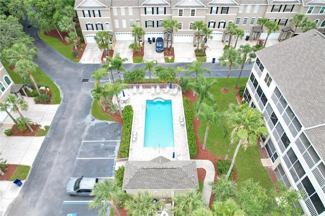 aerial perspective of suburban area with a pool area