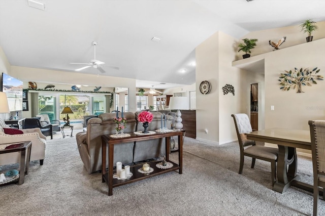 3773 E Lake Todd Dr, Hernando, FL 34442 - carpeted living room featuring a ceiling fan, baseboards, and high vaulted ceiling