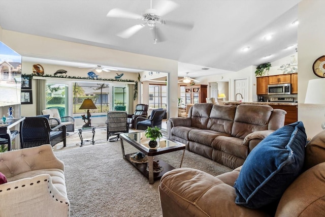 3773 E Lake Todd Dr, Hernando, FL 34442 - living area with a ceiling fan, carpet floors, and vaulted ceiling