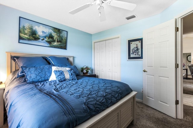 3773 E Lake Todd Dr, Hernando, FL 34442 - bedroom with dark colored carpet, a closet, and ceiling fan