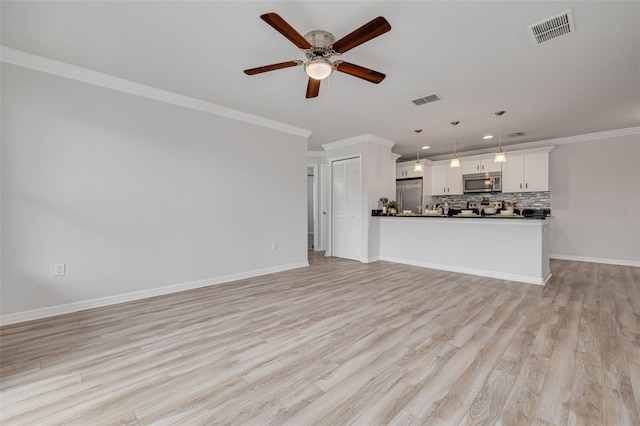 5041 Royal Palms Way Unit 203, New Port Richey, FL 34652 - unfurnished living room with a ceiling fan, ornamental molding, light wood-type flooring, baseboards, and recessed lighting