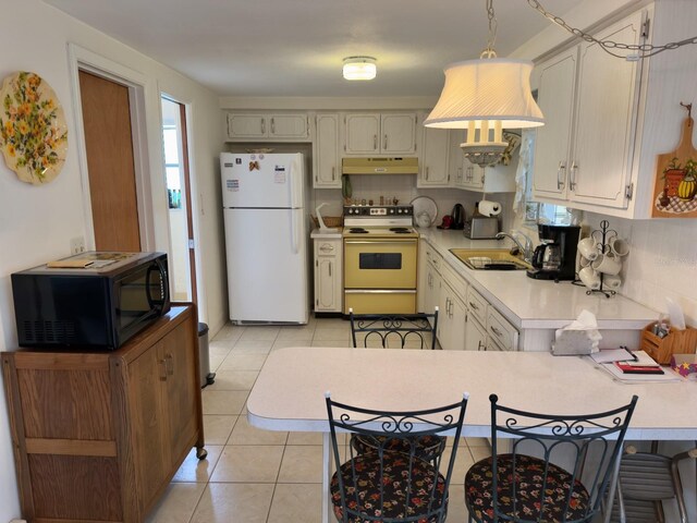 kitchen featuring freestanding refrigerator, electric stove, black microwave, a sink, and under cabinet range hood