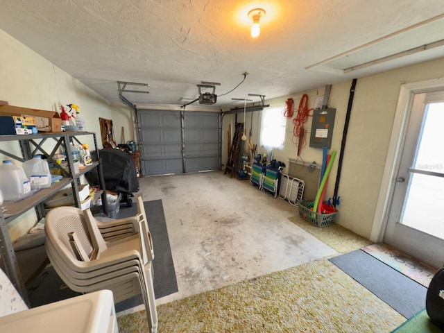 garage featuring a garage door opener and electric panel