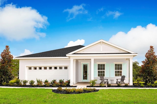2193 Aibonito Cir, Clermont, FL 34711 - neoclassical home with a porch, an attached garage, a front lawn, and stucco siding