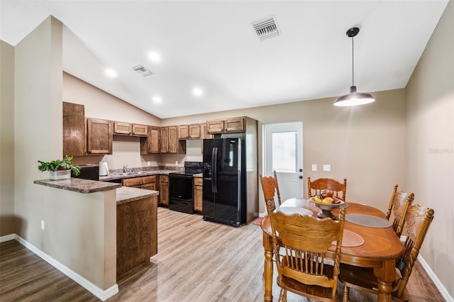 1161 Crk 443, Lake Panasoffkee, FL 33538 - kitchen featuring black appliances, lofted ceiling, light wood-style floors, hanging light fixtures, and a peninsula