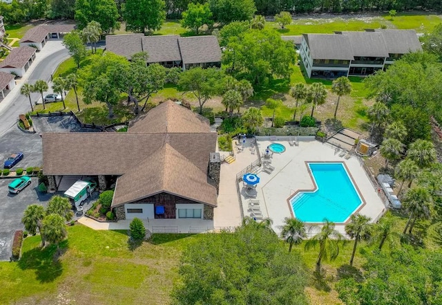 drone / aerial view of a pool area