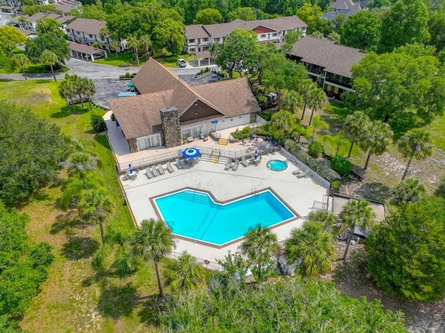 view from above of property featuring a pool