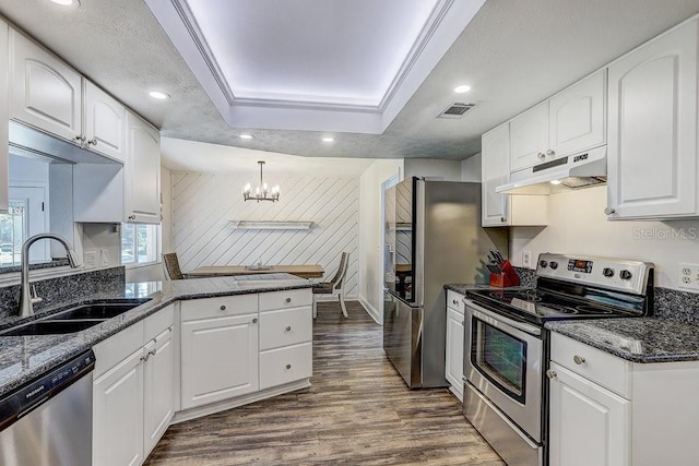 10910 Winter Oak Pl, Tampa, FL 33618 - kitchen with stainless steel appliances, a sink, under cabinet range hood, dark wood-style floors, and a chandelier