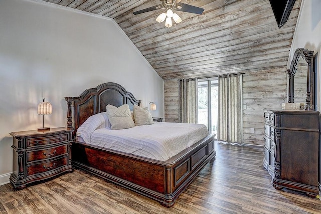10910 Winter Oak Pl, Tampa, FL 33618 - bedroom featuring wood ceiling, vaulted ceiling, wooden walls, wood finished floors, and baseboards