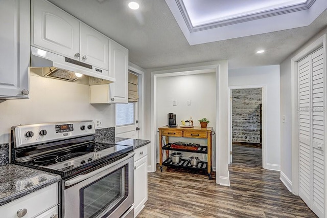 10910 Winter Oak Pl, Tampa, FL 33618 - kitchen featuring stainless steel range with electric cooktop, under cabinet range hood, dark wood-style flooring, white cabinetry, and dark stone countertops
