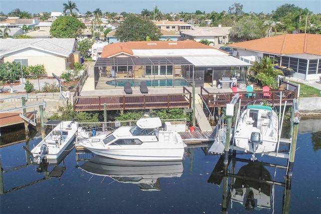 dock area featuring boat lift and a water view