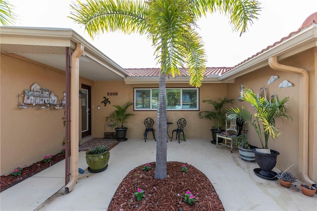 doorway to property with stucco siding and a patio area