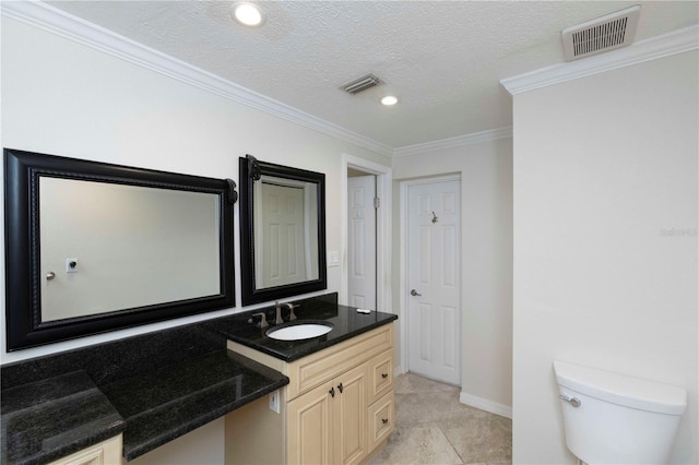 bathroom with toilet, baseboards, vanity, crown molding, and recessed lighting