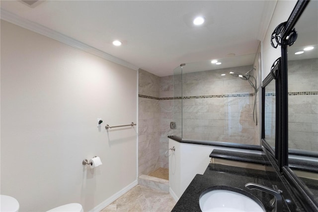 bathroom with recessed lighting, walk in shower, baseboards, ornamental molding, and toilet