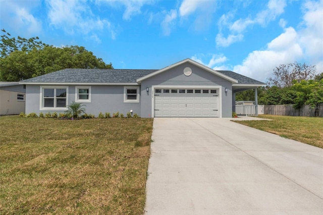 ranch-style home with a garage, concrete driveway, and stucco siding