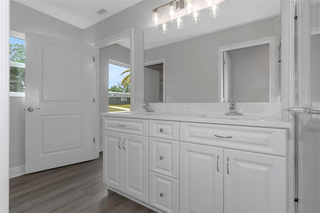 full bath with plenty of natural light, double vanity, and wood finished floors