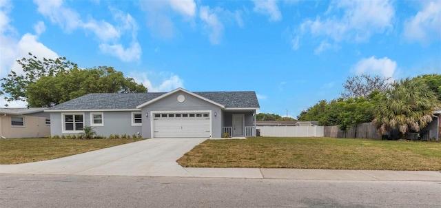ranch-style house with an attached garage, concrete driveway, and stucco siding