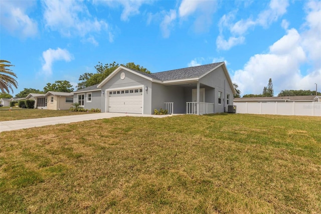 ranch-style house featuring an attached garage, driveway, cooling unit, stucco siding, and roof with shingles